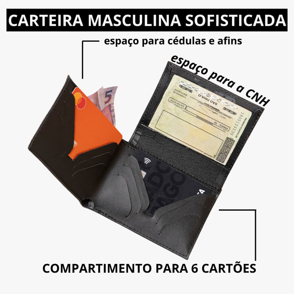 Carteira Masculina CNH, Cartões, Cédulas e Foto 3x4 Couro PU Premium