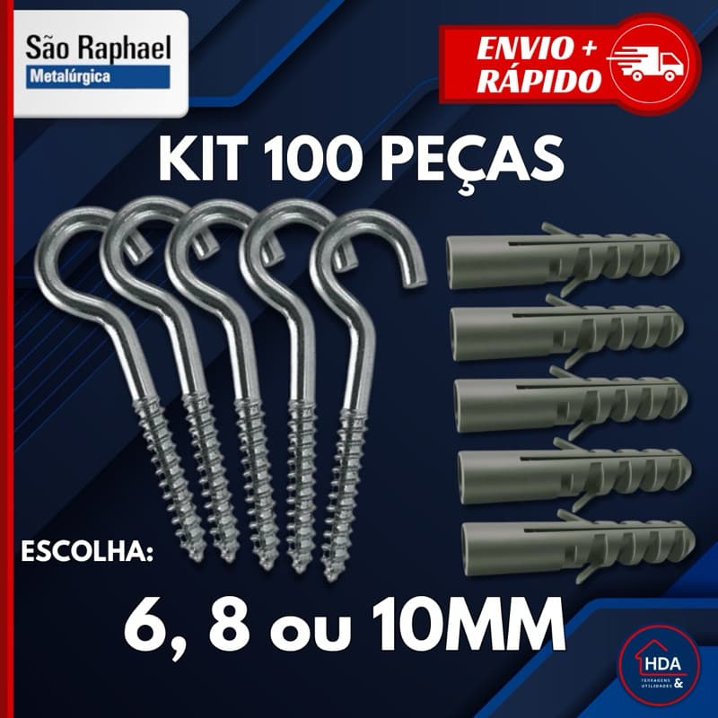 Kit Gancho e Bucha para Varal Tela de Proteção de 6, 8 ou 10 mm - 100 ou 50 peças