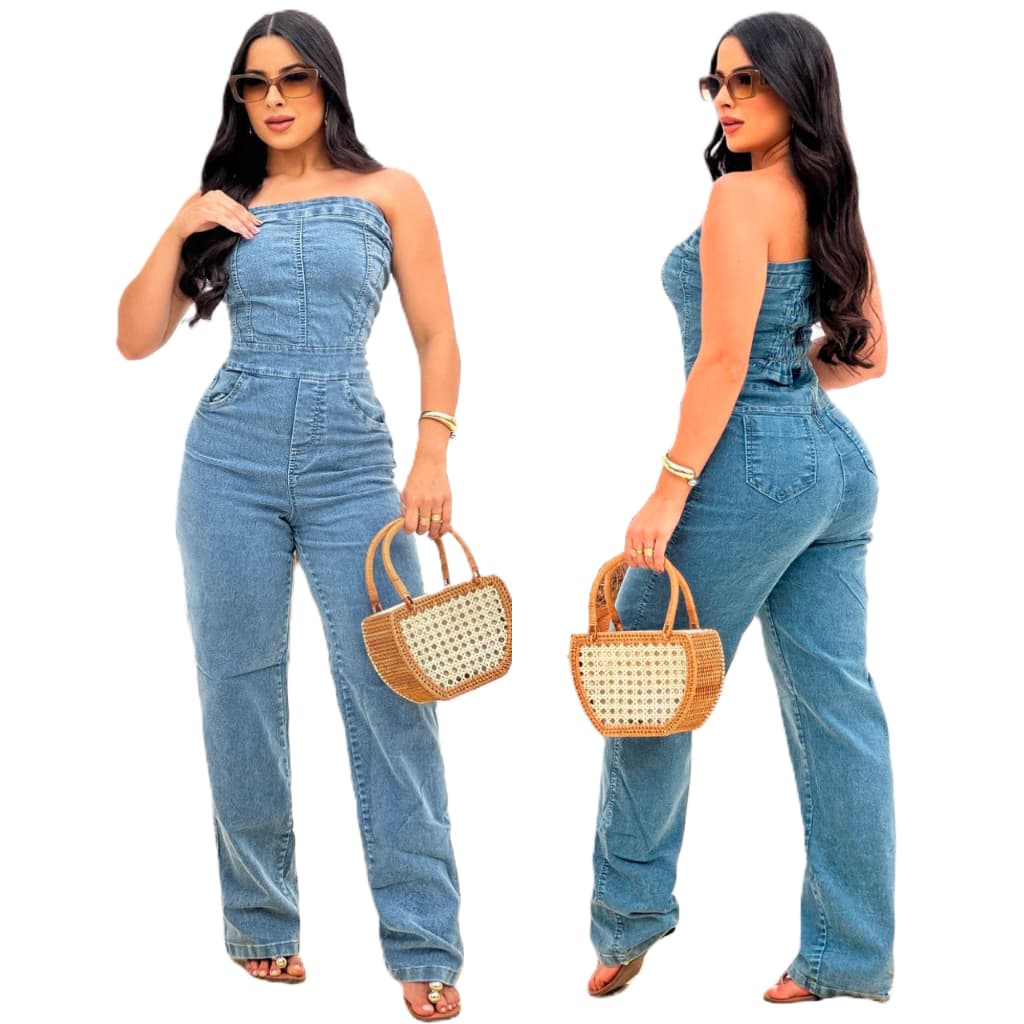 Macacão Jeans Feminino Longo Calça Com Lycra Elastano Jardineira Premium Tomara Que Caia