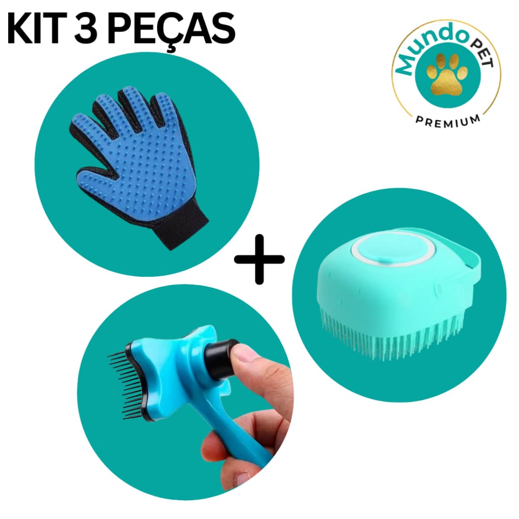 Kit Pet Luva Tira Pelos Nano + Escova lava Pet Silicone Dispenser + Pente Escova Removedora