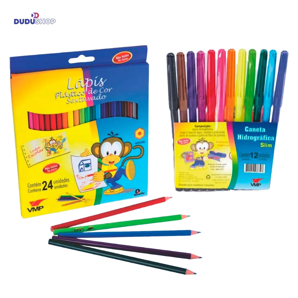 KIT 24 Lápis de Cor Sextavado + 12 Canetinhas Coloridas Material Escolar kit Volta as Aulas Infantil