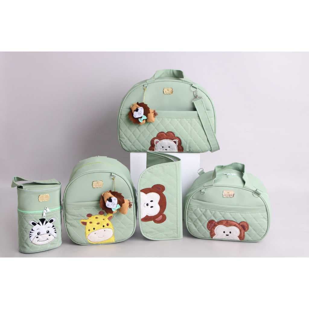 Kit Bolsa Maternidade 5 Peças Safari Bordada l Trocador Portátil l Porta Mamadeira