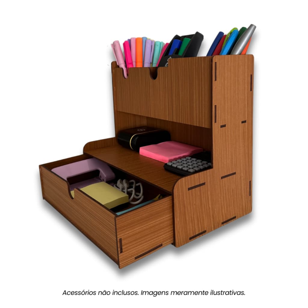Kit 1, 2 ou 3 Organizadores Mesa Porta Lapis Madeira Tabaco – Porta Treco Escritório Home Office