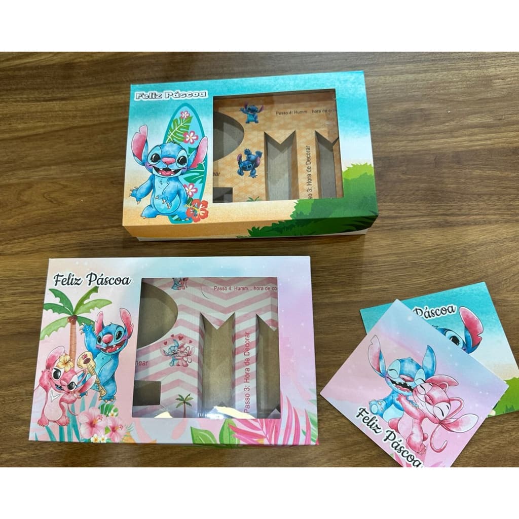 10 Caixas Kit Mini Confeiteiro Tema Lilo e Stitch Angel Feliz Páscoa