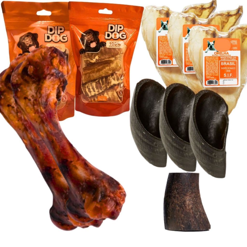 Mordedor Natural para Cães Osso Fêmur Suíno Casco Bovino Traqueia Bovina Orelha Esôfago Sortido