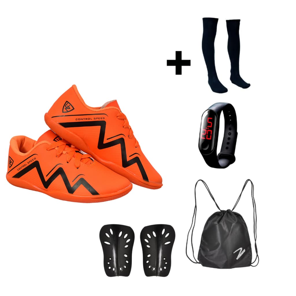 Chuteira Futsal Quadra 1000 Infantil + Meião + Caneleira + Relógio + Mochila
