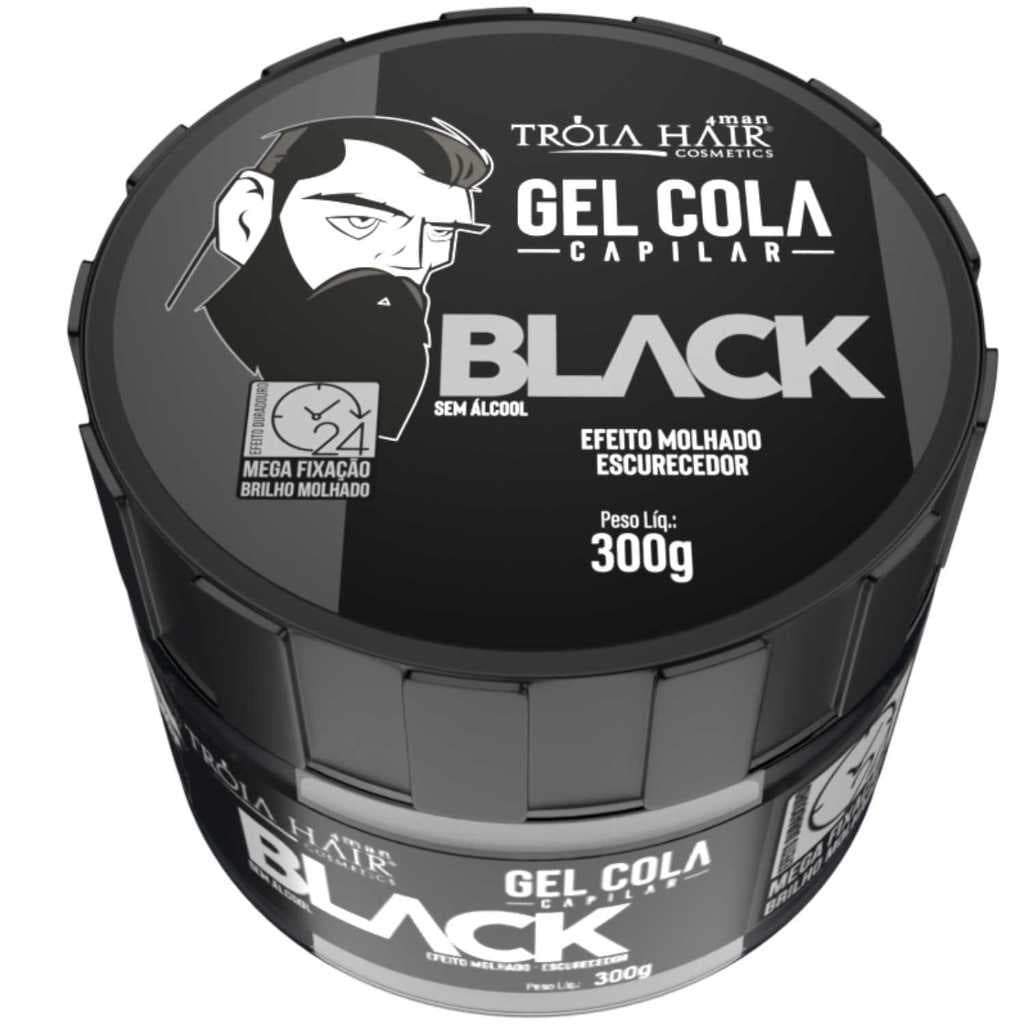 Gel Cola Black Profissional Troia Hair 300g Troia Hair - Fixação Forte e Efeito Degradê Impecável