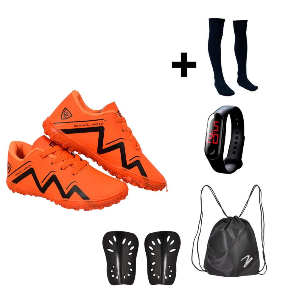 Chuteira Society Sintética 1000 Infantil + Meião + Relógio + Caneleira + Mochila