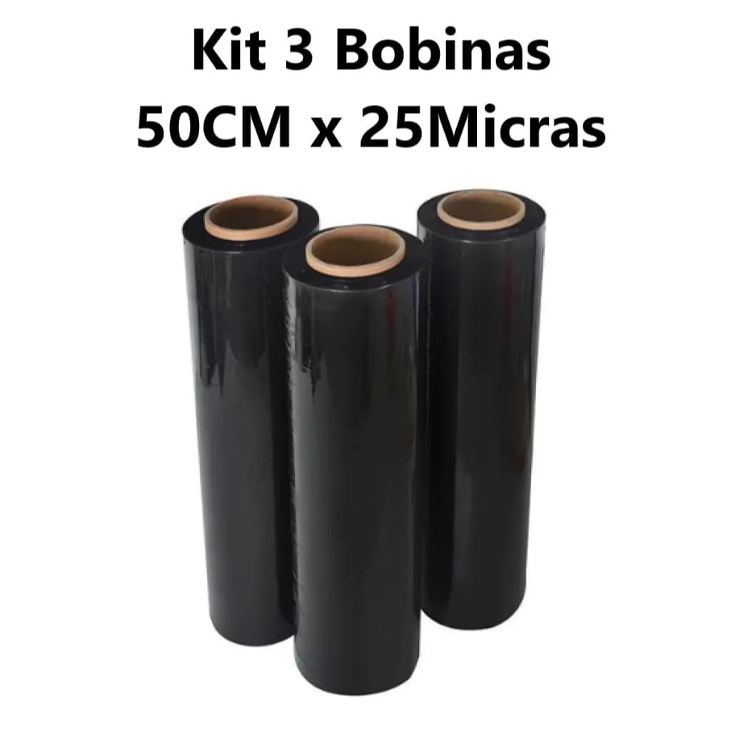 3 Rolos Filme Stretch Preto 3KG com 50CM X 25Micras