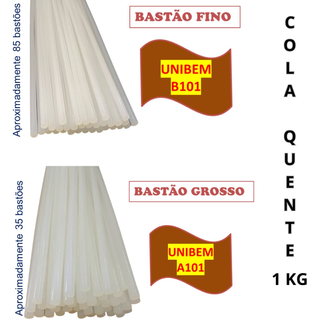 COLA QUENTE UNIBEM 1ª LINHA - EXTRA FORTE - BASTÃO FINO B101 E BASTÃO GROSSO A101 - PCT 1KG