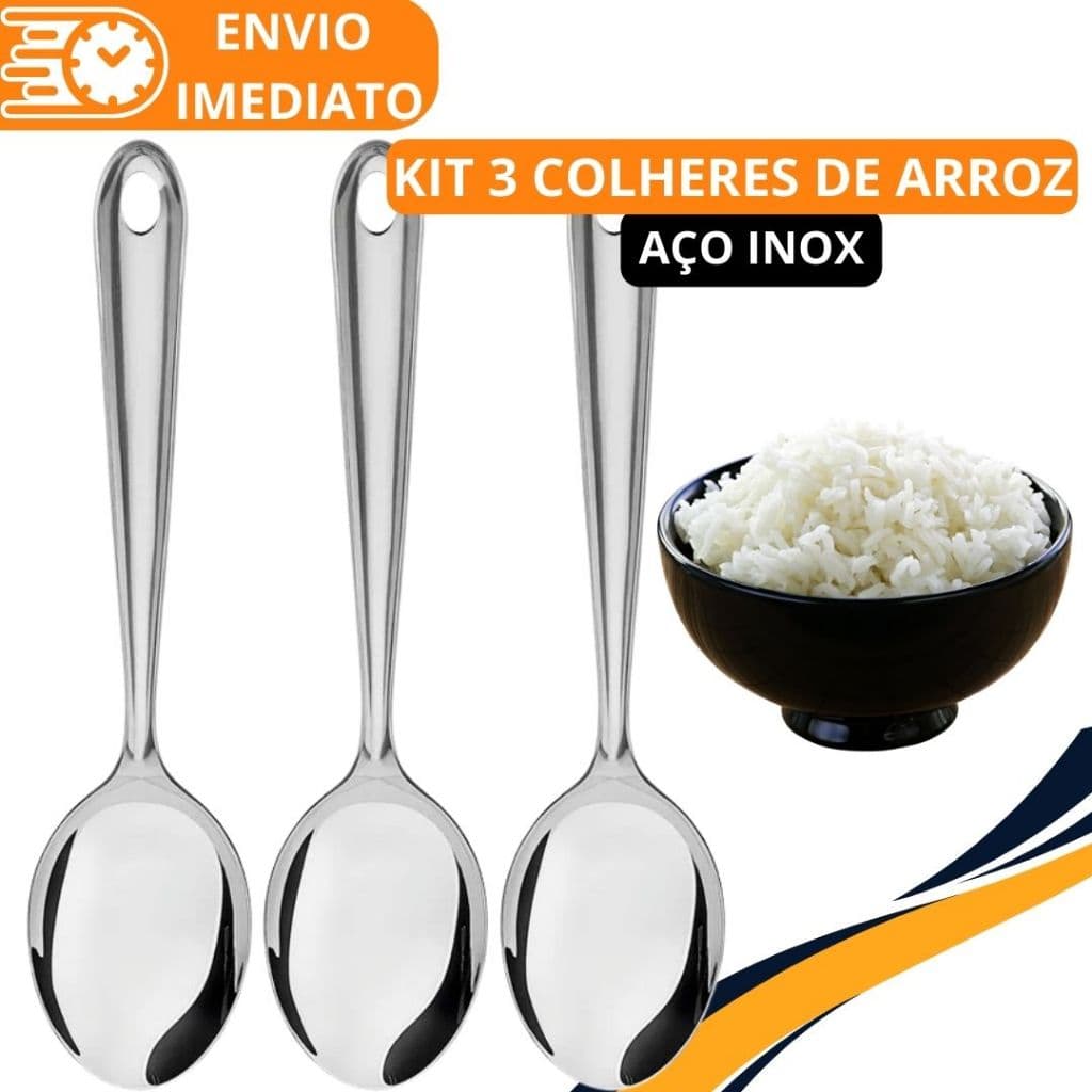 KIT 3 Colher de Arroz GRANDE Cabo longo 100 % Aço Inox Brilhante Super Resistente para Casa Restaurante Buffet