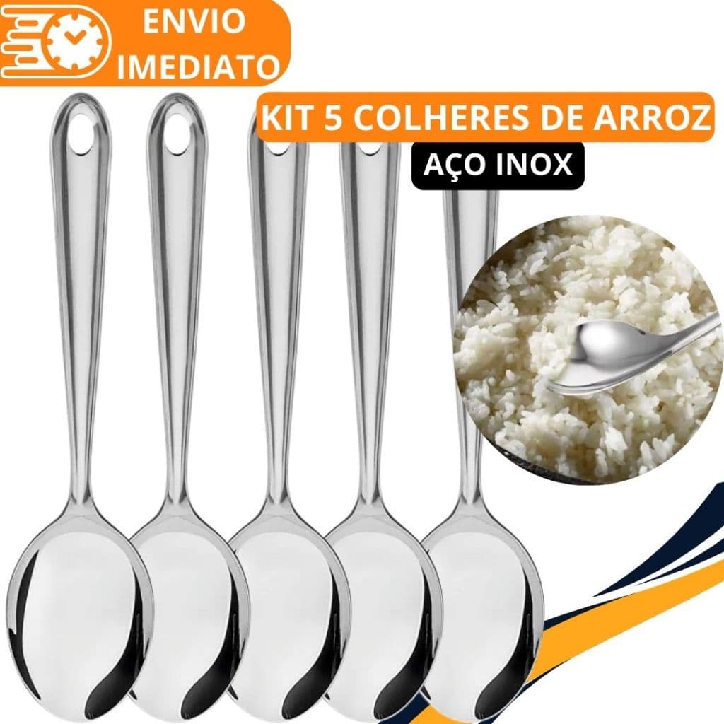 KIT 5 Colher de Arroz GRANDE Cabo longo 100 % Aço Inox Brilhante Super Resistente para Casa Restaurante Buffet