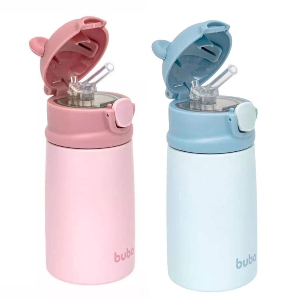 Garrafa Térmica Infantil Ursinho 320ml em Inox Canudo Temperatura 5h, Antiderrapante BUBA