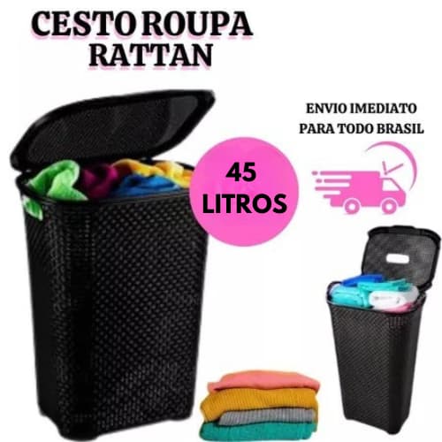 Cesto Rattan 45L Com Tampa Basculada Preto Resistente