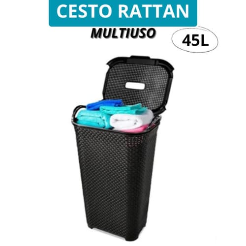 Cesto Rattan 45L Com Tampa Basculada Preto Resistente
