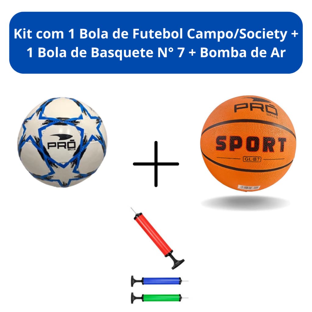 Bola de Basquete N°7 Oficial + Bola De Futebol Campo N°5 Oficial + Bomba de Ar Manual para Bola