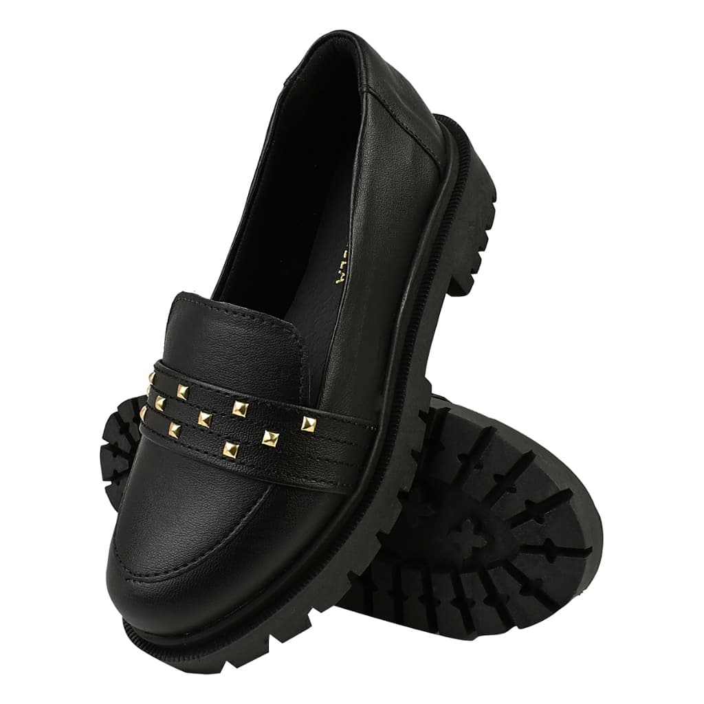 Sapato Mocassim Oxford Tratorado Feminino Tacha Spike Metalizado Confort Macio Novo