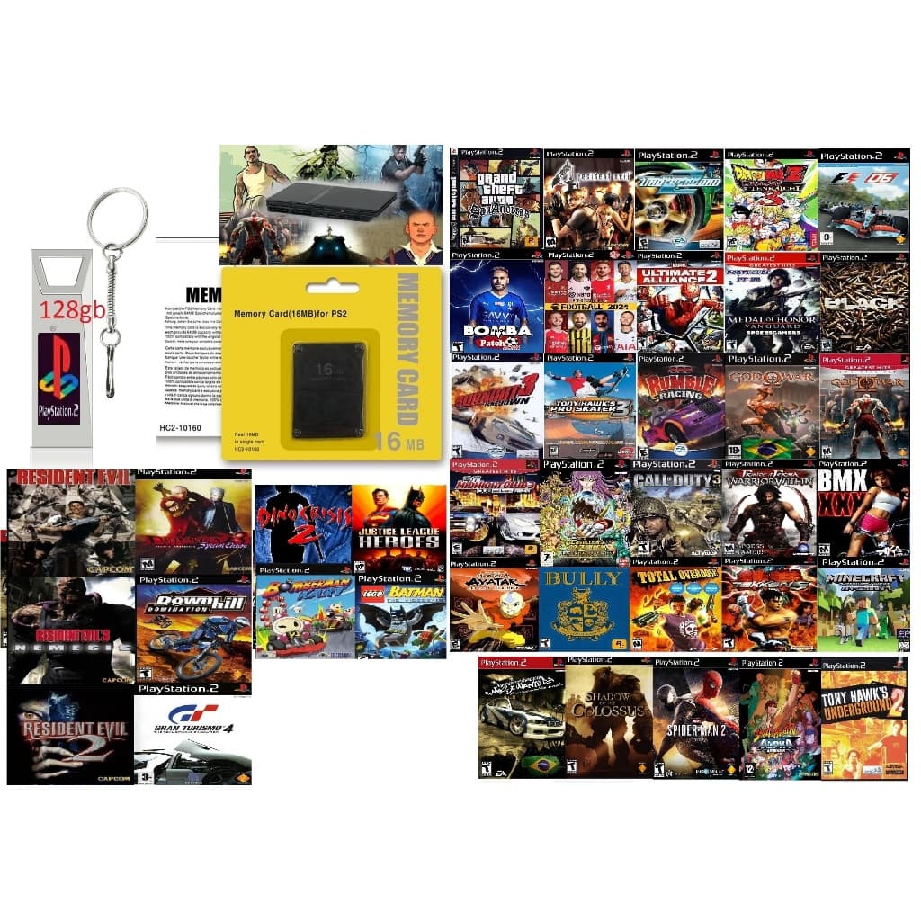 memoria card Ps2 + Pen Drive 128gb com Jogos Ps2 Ps1 Super N.