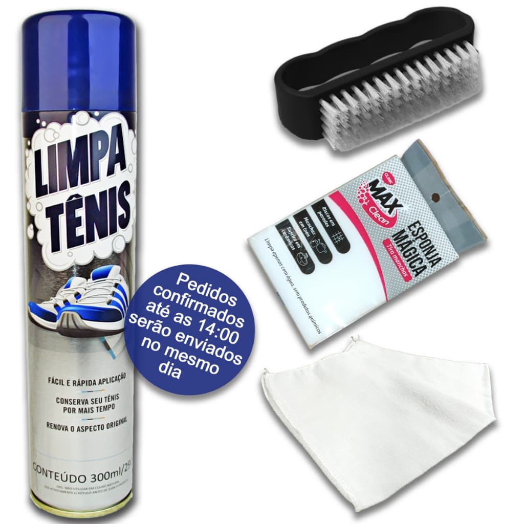 kit 1 Limpa Tênis 1 Esponja Magica 1 Flanela 1 Escova Limpa Branco  Colorido Espuma Spray Limpador