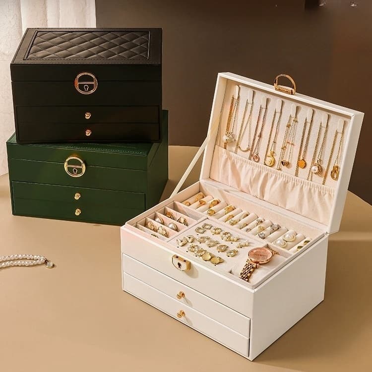 Porta Joias 3 Camadas - Couro Premium, Ideal para Armazenamento de Acessórios Q19