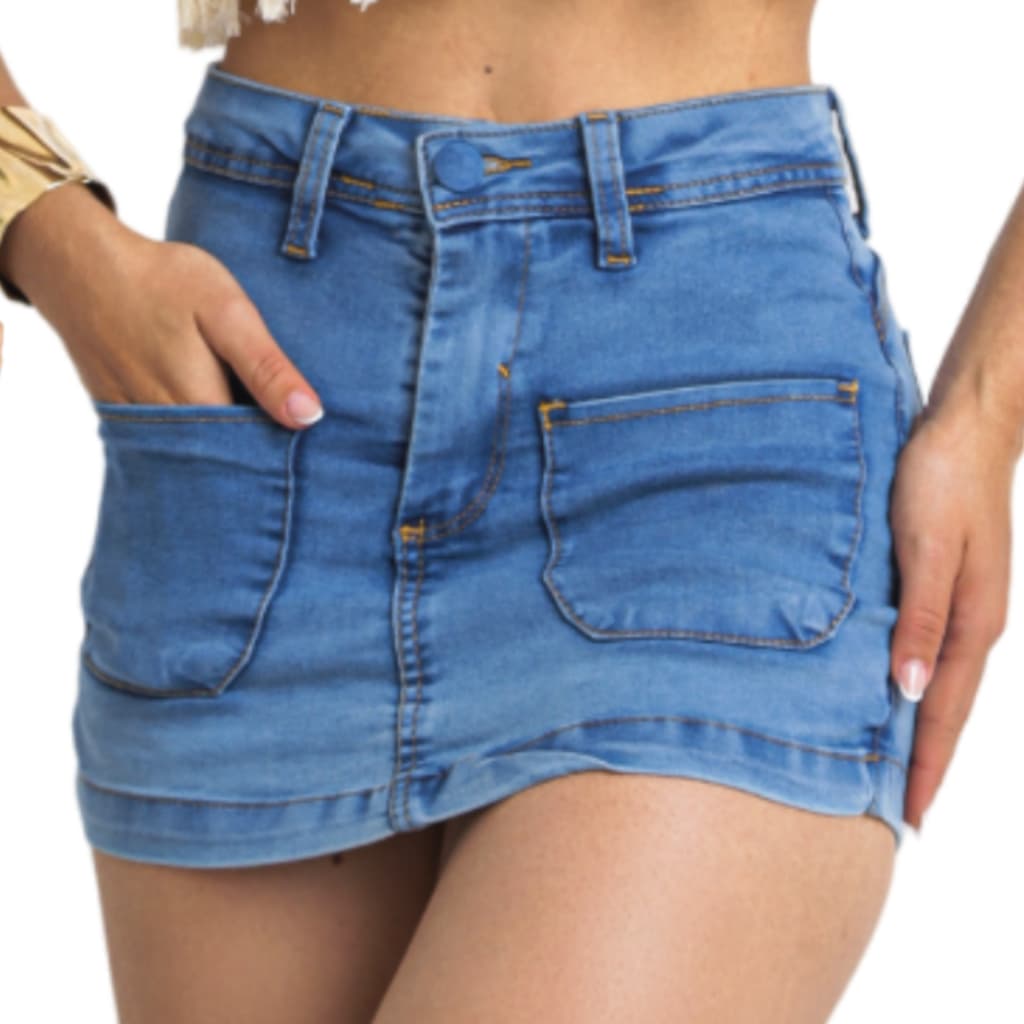 Short Saia Jeans Cargo Bolso Na Frente Feminina Cintura Alta Levanta Bumbum