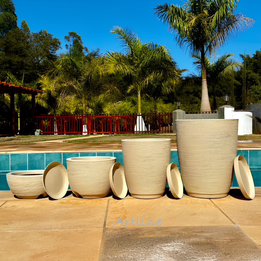 Kit 4 Vasos Decorativos para Plantas em Polietileno Coluna Bojo Escovado Luxo N°1 e N°2 + Bojo N°1 + Bacia N°1 com Prato