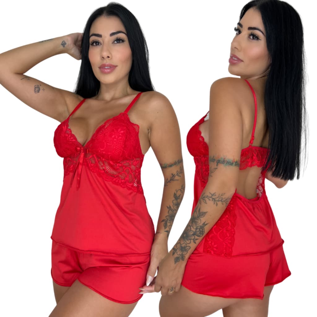 Short Doll Sensual Sexy com detalhe em Renda Confortável Linha Noite Roupa de Dormir Pijama Kayene - LIT Modas 1830