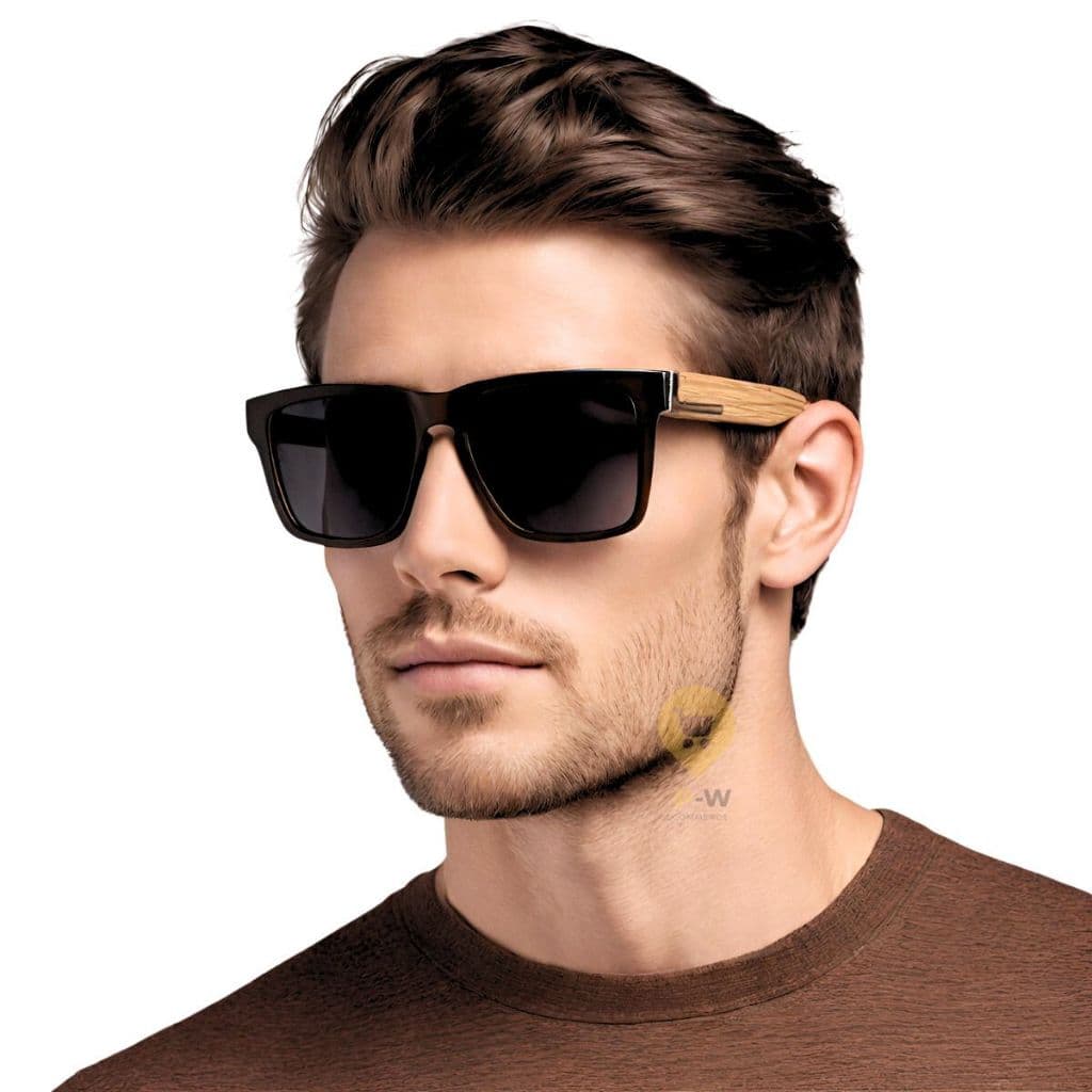 Óculos de Sol Masculino Quadrado Madeira Bambu Premium com Proteção UV400 Estilo Moderno Casual