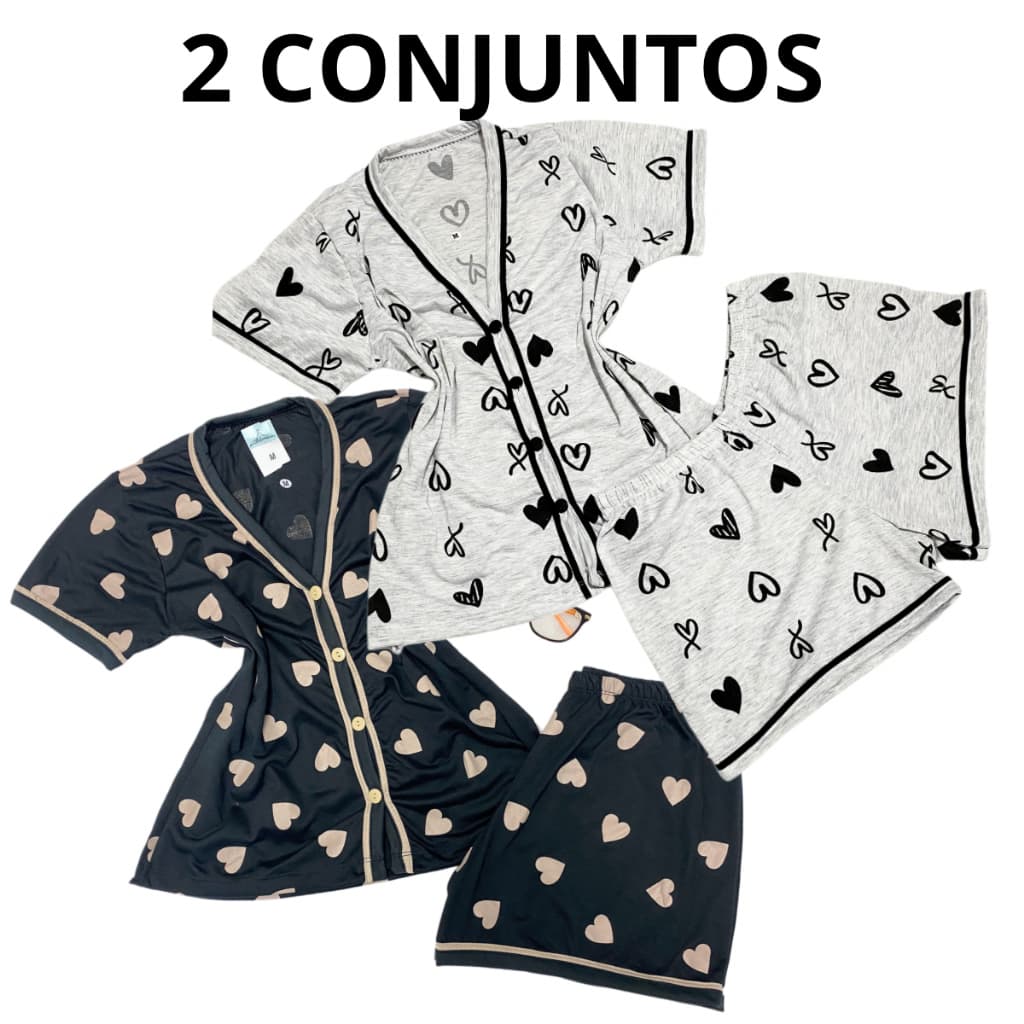 kit 2  Pijamas Feminino Amamentação Short Doll Americano Gola V Com Botões Pós Parto Gestante
