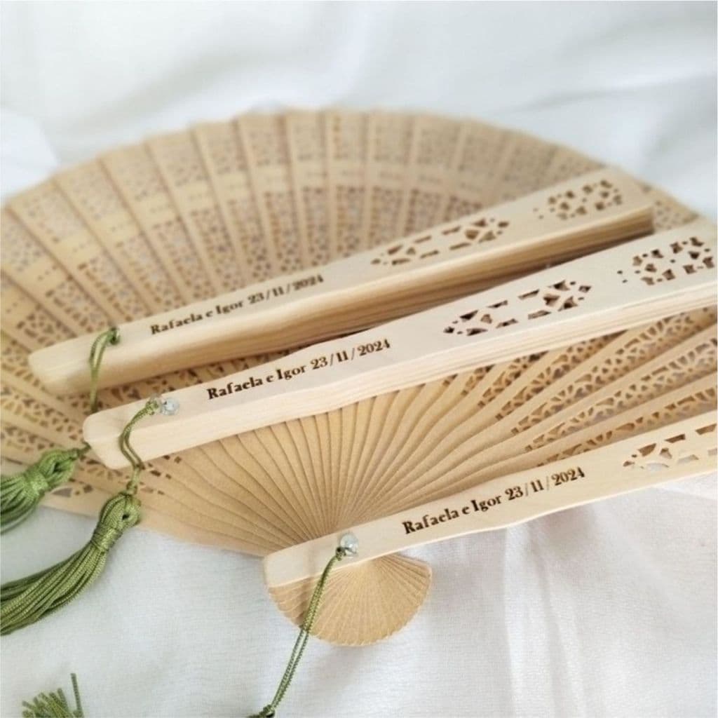 Leque Personalizado em madeira natural | Gravação à laser | Pingente de seda