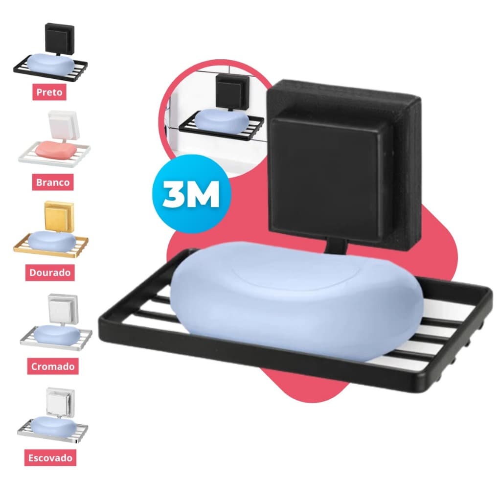 Saboneteira Banheiro Suporte Parede Porta Sabonete Fixação Dupla Face 3M Sem Furo Black Preto Arthi