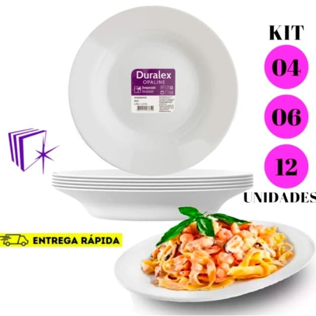 Jogo de Pratos Menu Fundo 04/06/12UN Branco 23 Cm Vidro Liso Duralex Temperado Opaline Almoço Hotel