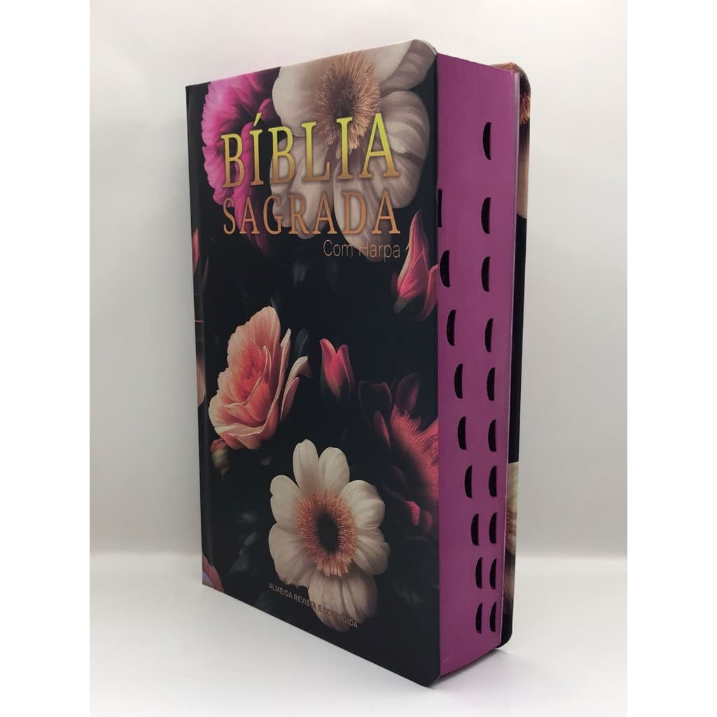 Bíblia Sagrada Tamanho Grande com Harpa Palavras de Jesus em Vermelho Capa Dura Floral Preta