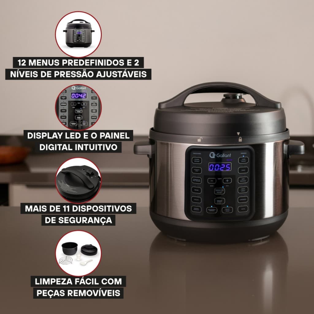 Panela de Pressão Elétrica Digital Gallant 4L GPP04 15 Funções Clique E Pronto Titanium 1000W 220V