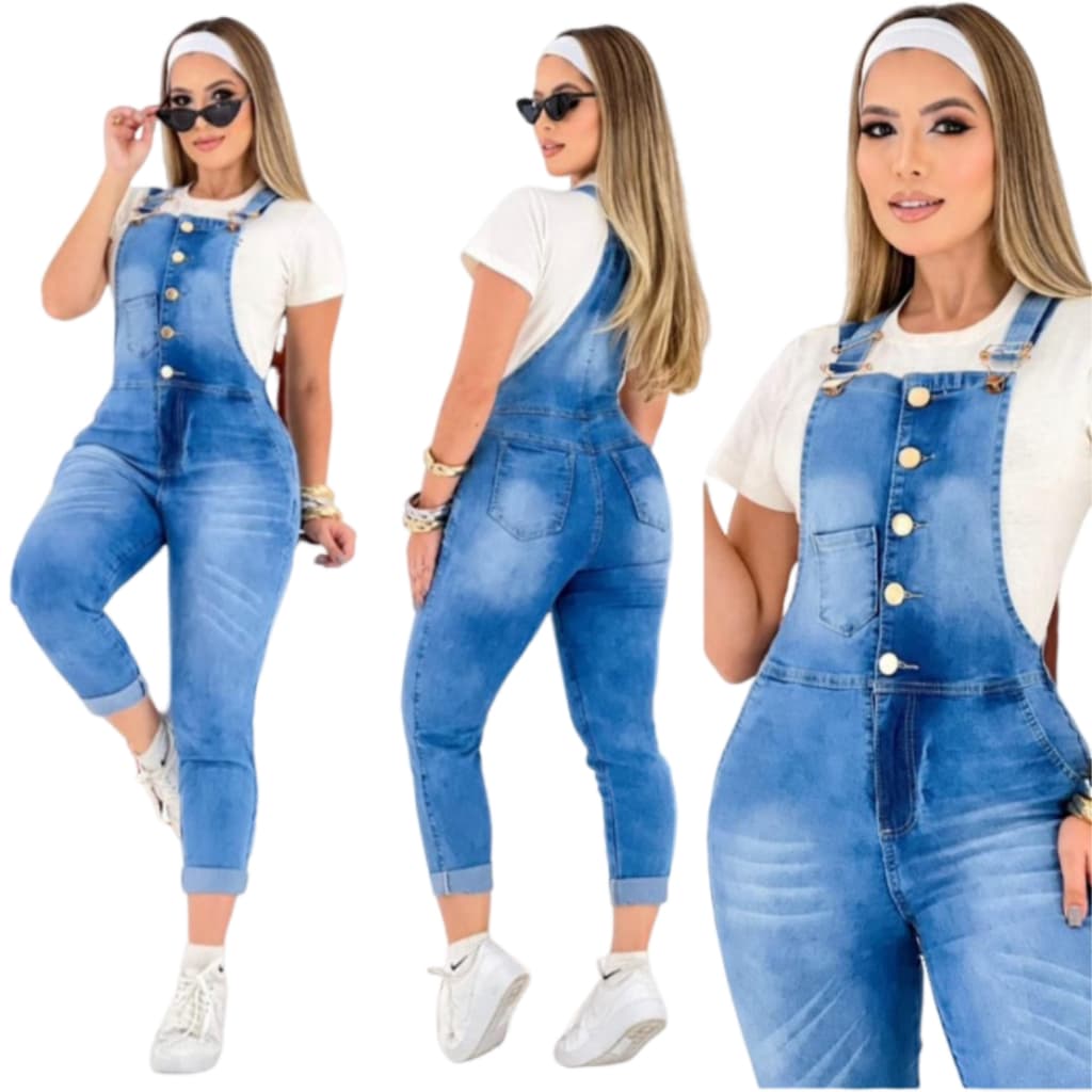 Jardineira Feminina Macacão Jeans Longo Calça Com Lycra Elastano Premium