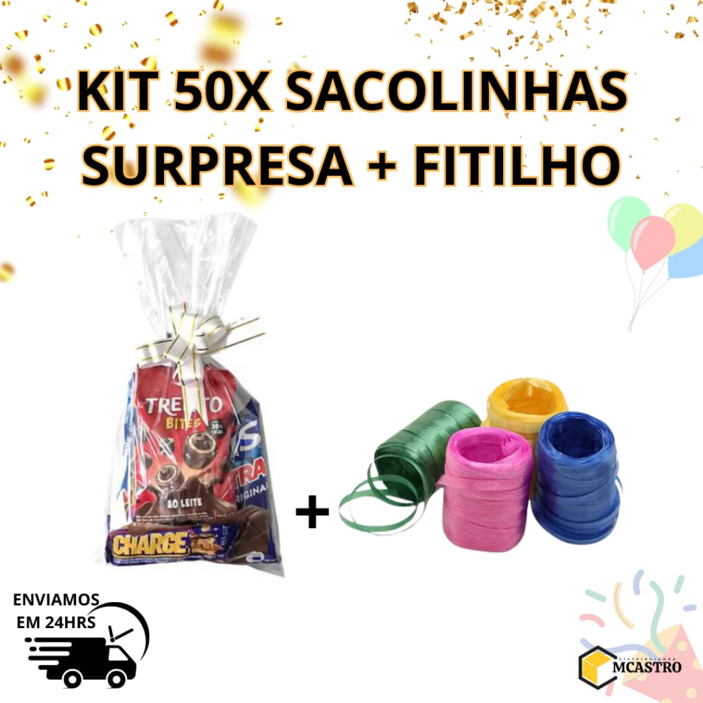 Kit Saquinho Pra Sacolinha Surpresa Transparente 15x30 c/50 unids + Fitilho da sua preferência