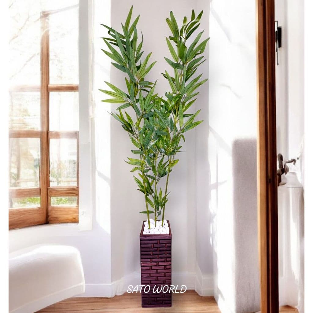 Bambu da Sorte Decorativo no Vaso de Madeira e Fibra Sintética - Sofisticação e Prosperidade COLU