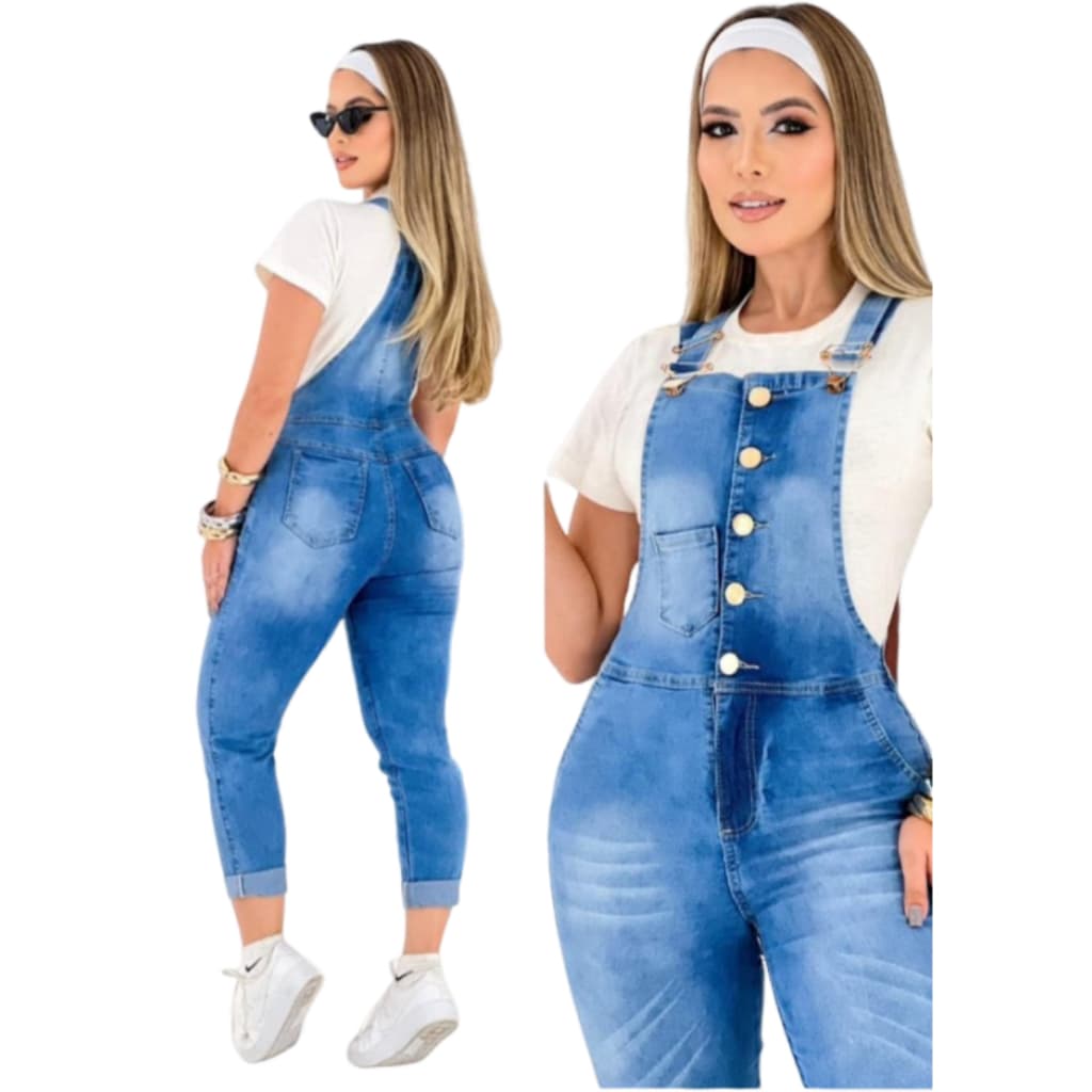 Jardineira Macacão Jeans Feminino Longo Calça Com Lycra Elastano Premium