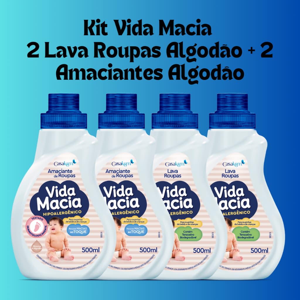 Vida Macia: 2 Lava Roupas Algodão + 2 Amaciantes Algodão - 500ml/cada (Lançamento)