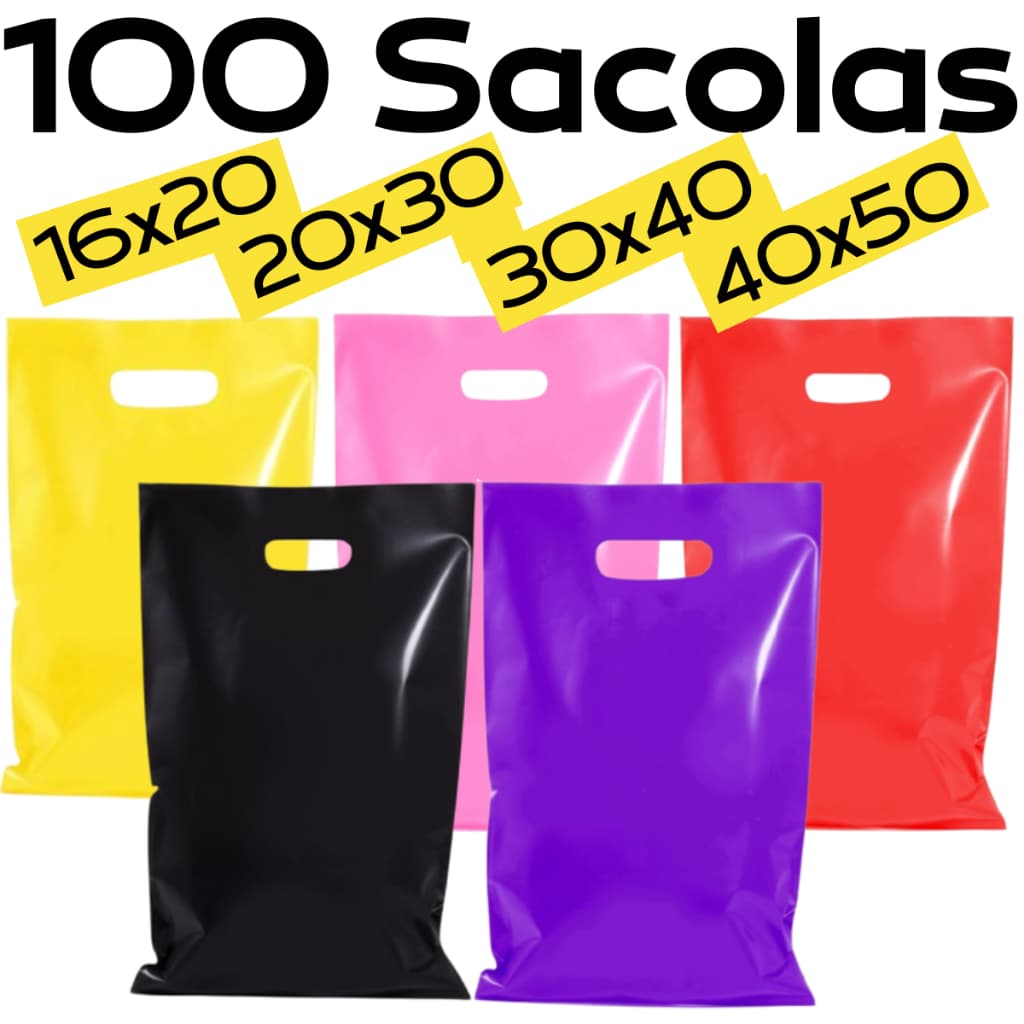 100 Sacolas Plásticas 16X20/20X30/25X35/30X40/40X50 Boca de Palhaço/Alça Vazada Sacola Lembrancinha