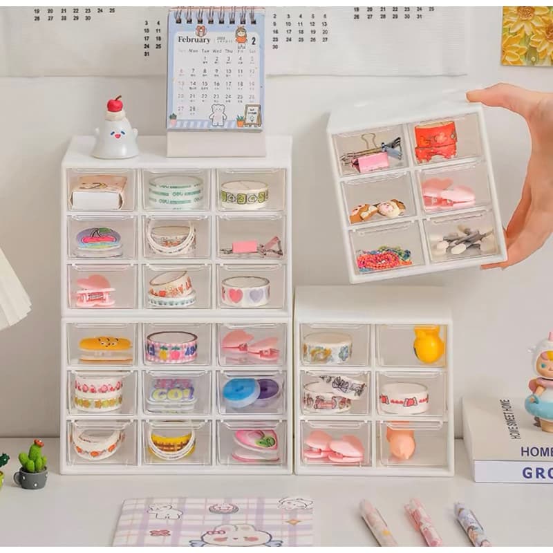 Mini Gaveteiro 6 / 9 Gavetas Organizador Transparente Para Joias Papelaria Maquiagem Miçangas Multiuso Armário Rosa