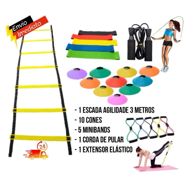 Kit Funcional Agilidade Escada 6 degraus + 10 Cones + 1 Corda de Pular + 5 MiniBands + 1 Extensor