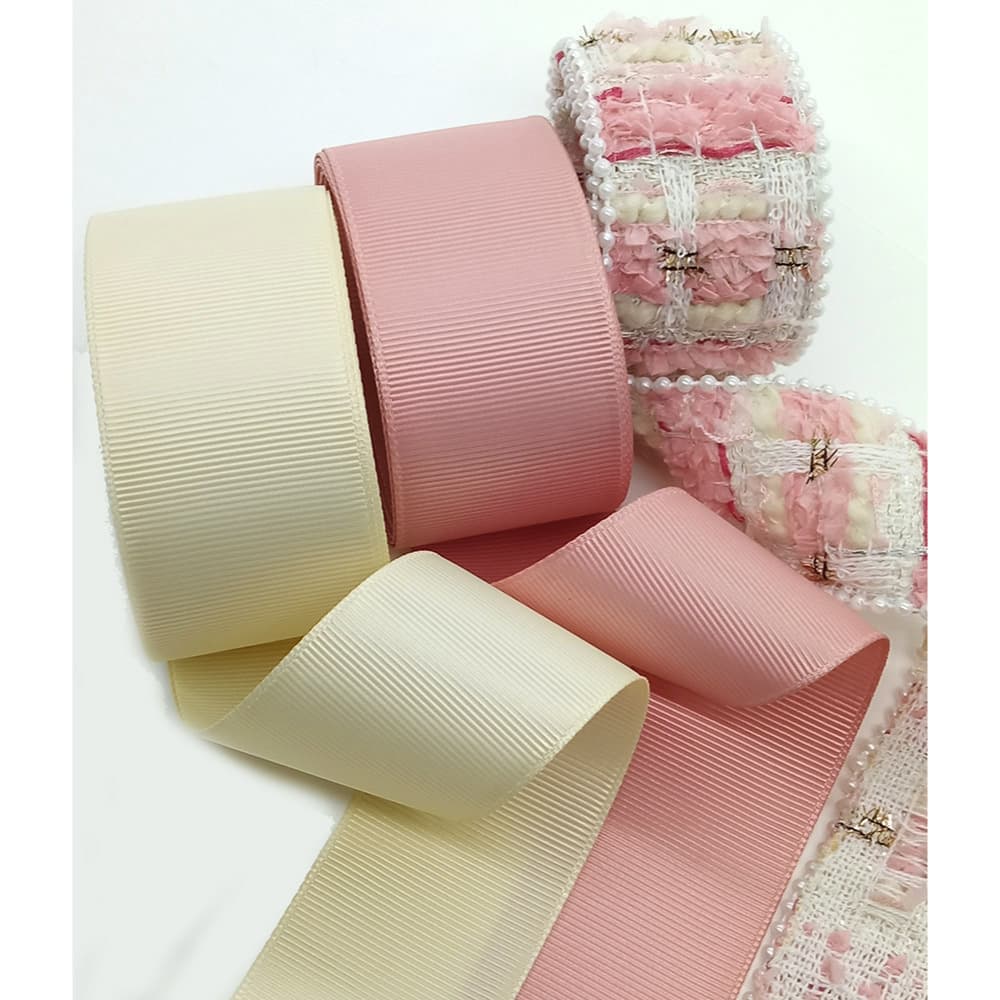 Kit de  Fita Tweed Rosa com Brilho + Gorgorão 38mm x 5 Metros + 2 Apliques Sortidos