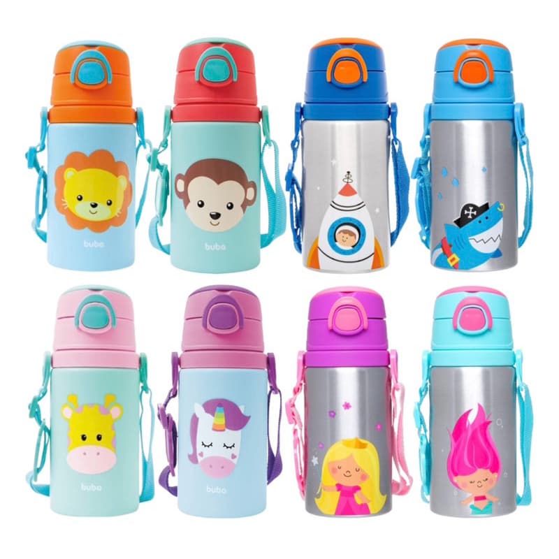 Garrafa Infantil de alumínio com Canudo Buba - Passeios, Escola, Sucos - Água.