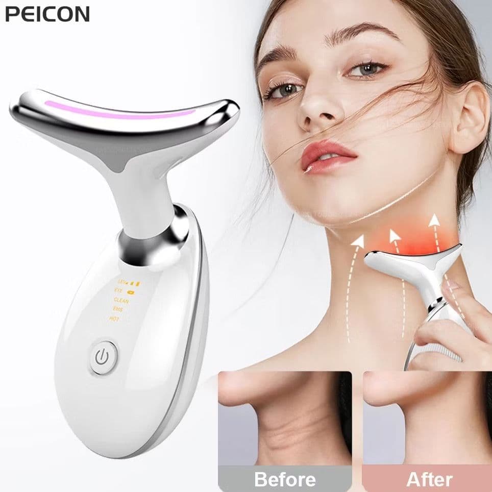 Massageador LED 3 Cores Facial/Pescoço - Terapia Anti-Rugas, Colágeno e Rejuvenescimento Sem Fio