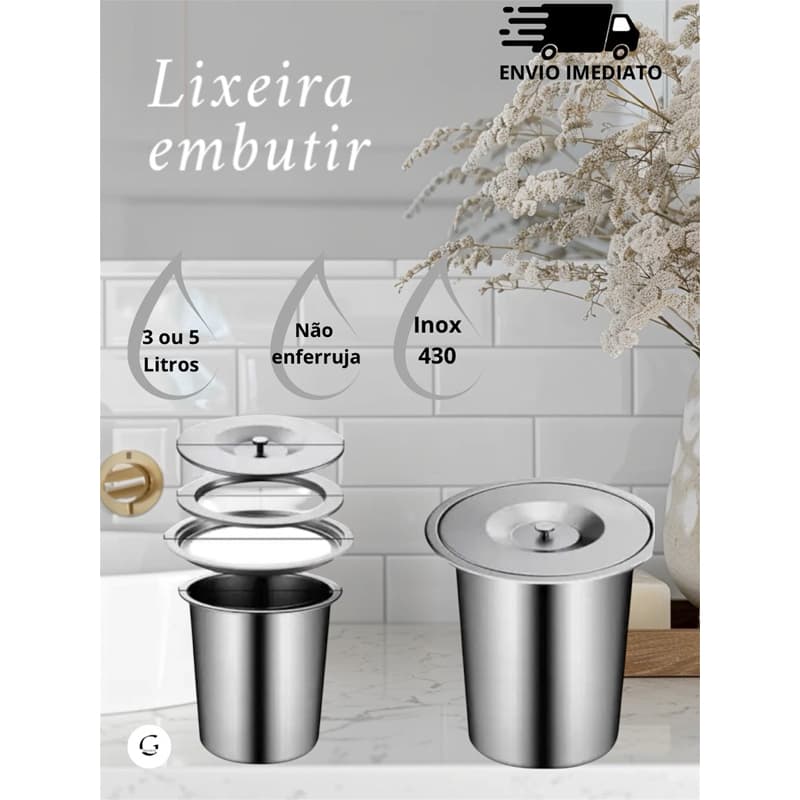 Lixeira de Embutir Inox Pia Gourmet 3 ou 5 Litros não Enferruja