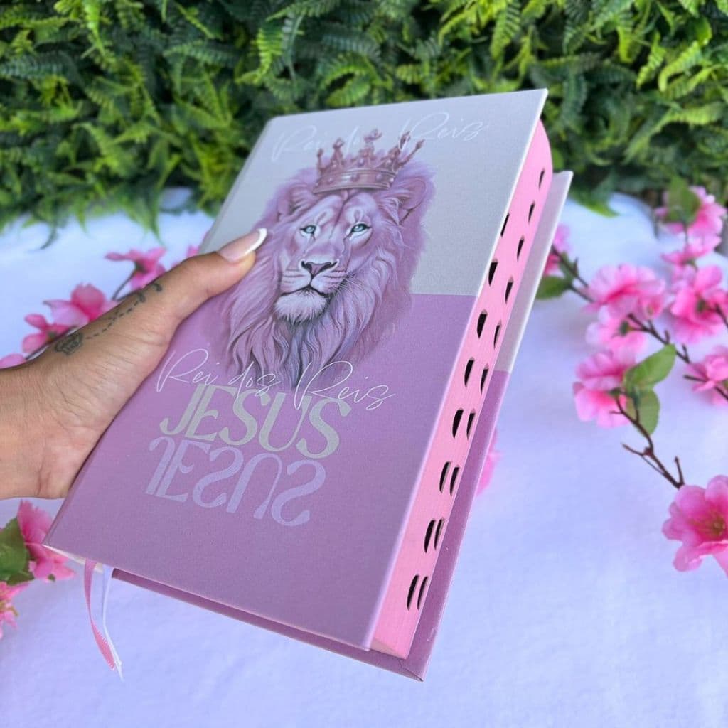 Bíblia Sagrada Feminina Rei Dos Reis Rosa Capa Dura LETRAS MÉDIAS Com Harpa e Índice Palavras de Jesus em Vermelho