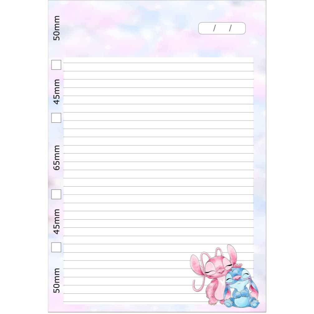 REFIL PARA FICHARIO 100 FOLHAS PERSONALIZADAS STITCH-FLORAL-BORBOLETA-MENINA-SNOOPE E OUTROS..