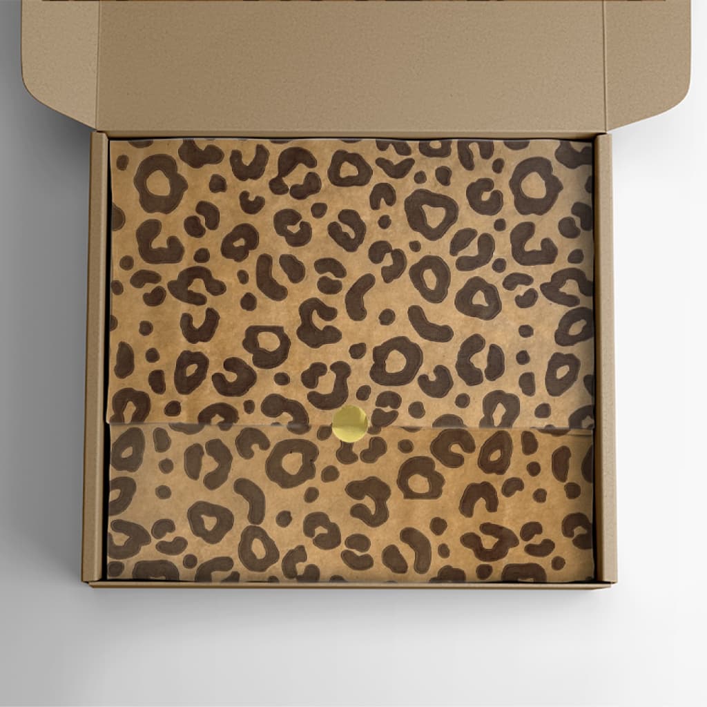 Papel de Seda Kraft Premium Estampa Onça 50 Folhas Para Lojas Embrulho Presente Roupas