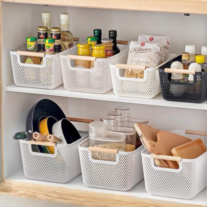 Cesto  plástico Organizador Para Frutas Telado Retangular Branco  preto Fruteira Com Alça De Madeira multiuso